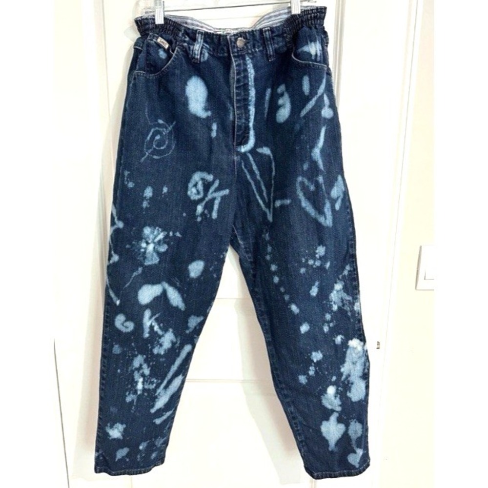 Lee Jeans Graffiti Street Elastic‎ Waist High Rise Relaxed Fit 16 Artsy Denim